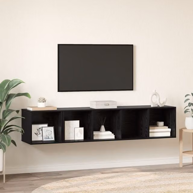 Berkfield Home 2-Piece Wall-Mounted TV Cabinet Set in Black Oak, W/D/H: 37 x 37 x 142.5 cm