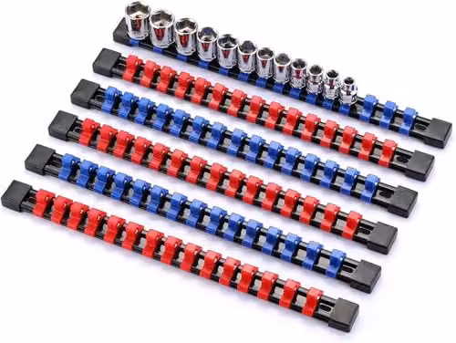 Autojack 6 Piece Socket Organizer Set with 1/4", 3/8" and 1/2" Drive Rails in Red and Blue