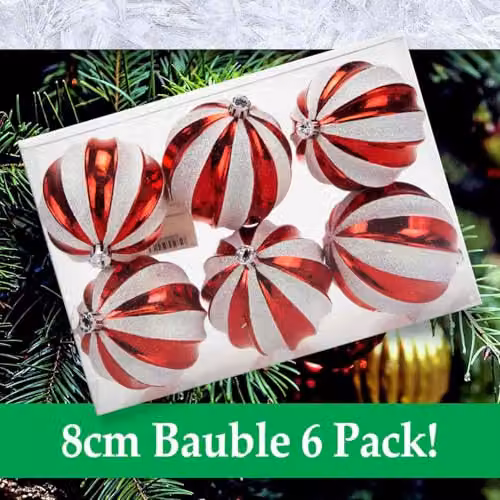 VFM e-Store Red and White Striped Round Christmas Baubles, 6 Pack, Diameter: 8 cm – 7