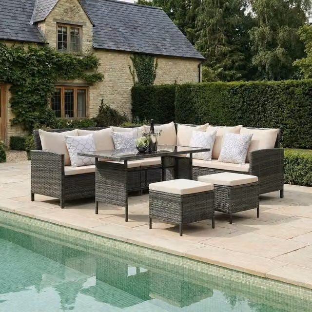 Home Garden Direct Thalia Corner Sofa Set with Glass Top in Beige and Grey Rattan – 1