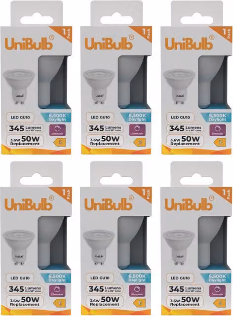 UniBulb LED GU10 Dimmable Light Bulb, 3.6W (Replaces 50W), 6500K Daylight, White