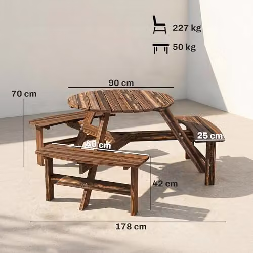 Outsunny 6 Seater Carbonised Wood Garden Dining Set with Table and Benches in Brown – 6