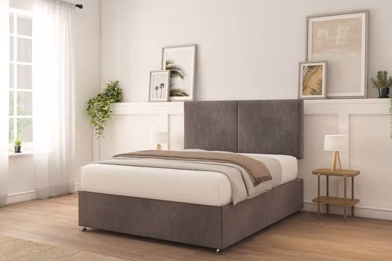 Sloomy Montana Naples Small Double Divan Bed Base with 26 inch Strutted Headboard in Grey Velvet Fabric, W/D/H: 120 x 200 cm