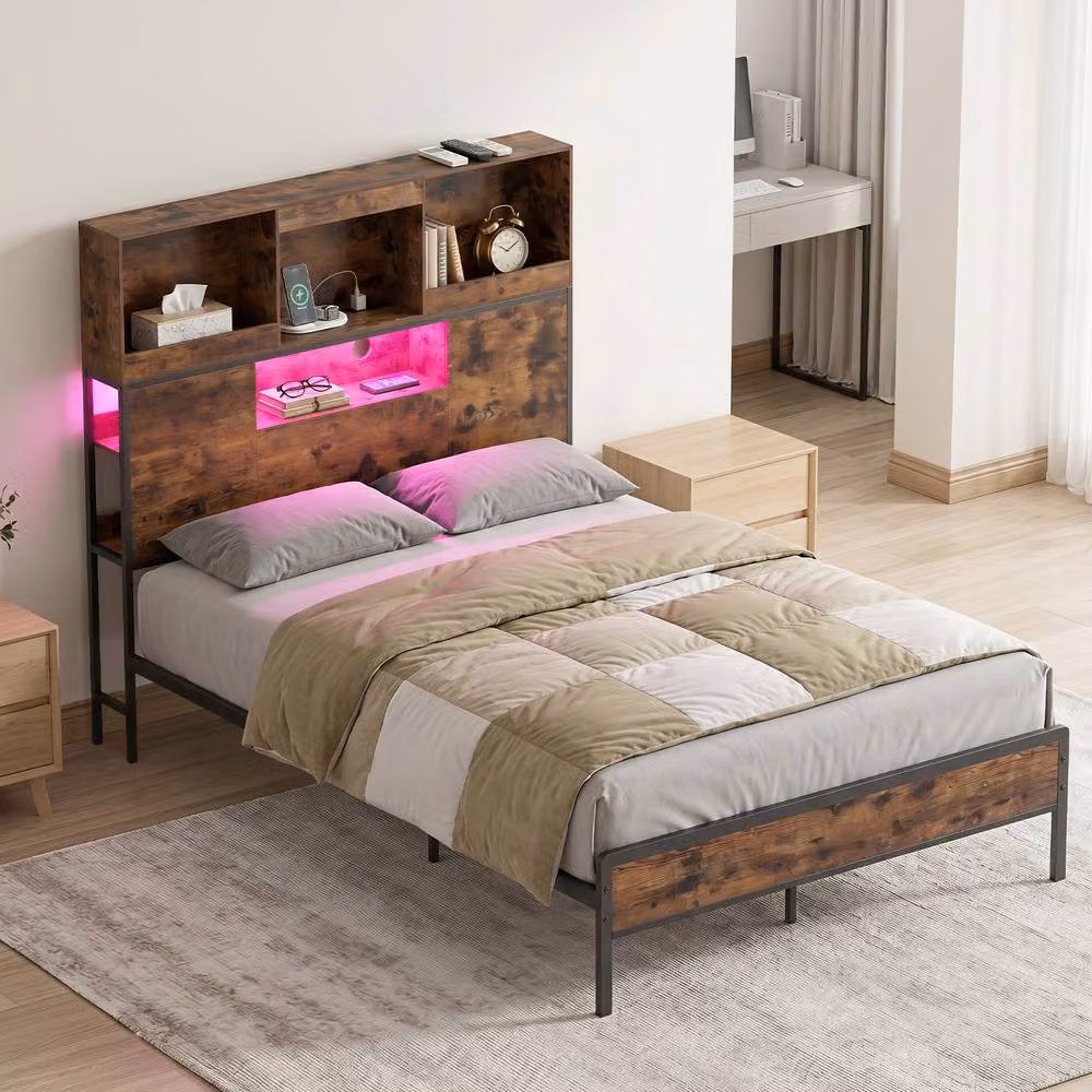 Gymax King Size Industrial Metal Bed Frame in Brown with LED Under-Bed Lighting, USB Charging Port and Side Compartments, W: 180 cm x D: 200 cm – 2