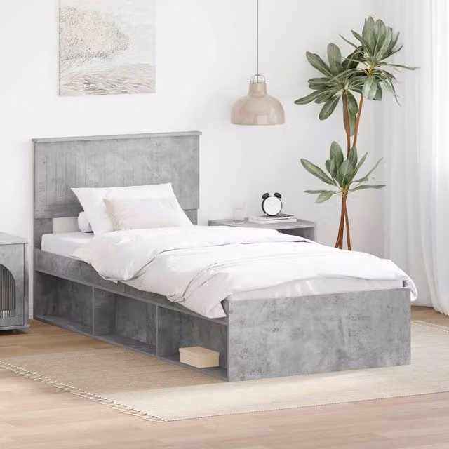 Berkfield Home Modern Bed Frame with Headboard in Grey Solid Pine Wood, W/D/H: 90 x 200 cm