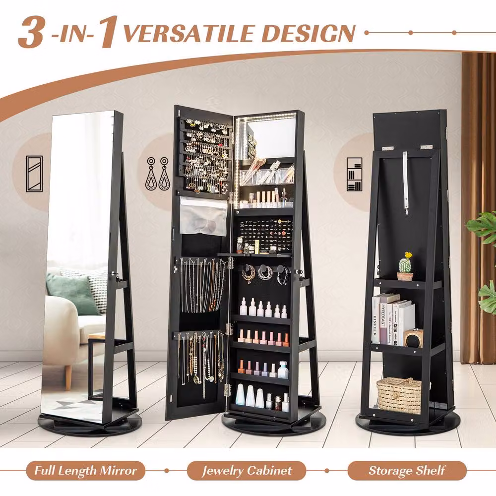 Costway Rotating Freestanding Jewelry Armoire with Full Length Mirror and LED Lighting in Black – 4