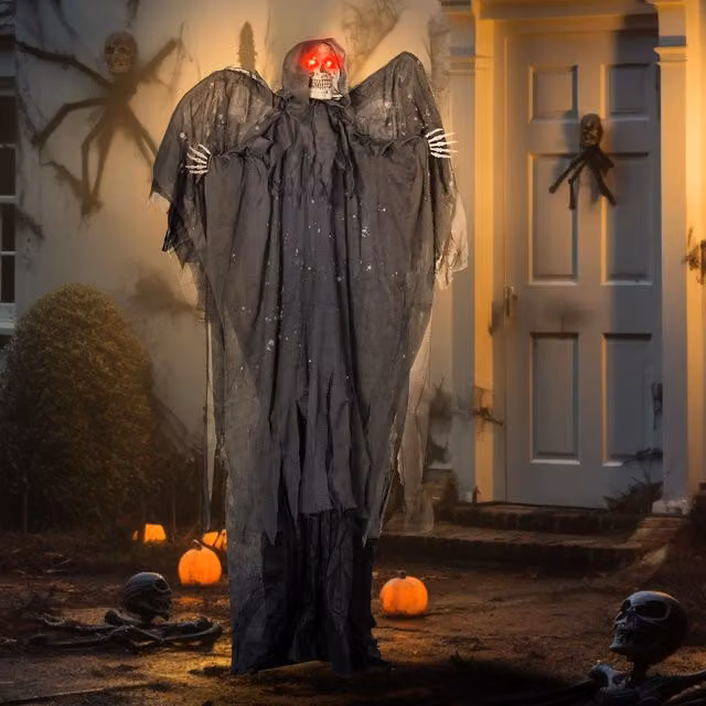 HOMCOM Winged Grim Reaper Animatronic Halloween Prop with Light Up Eyes in Grey
