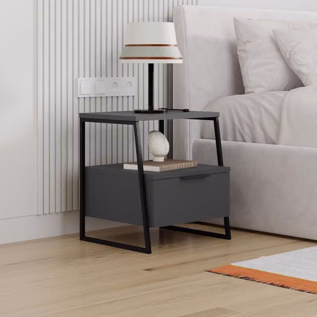 FWStyle Modern 1 Drawer Bedside Chest Table with Open Shelf in Anthracite Grey – 1