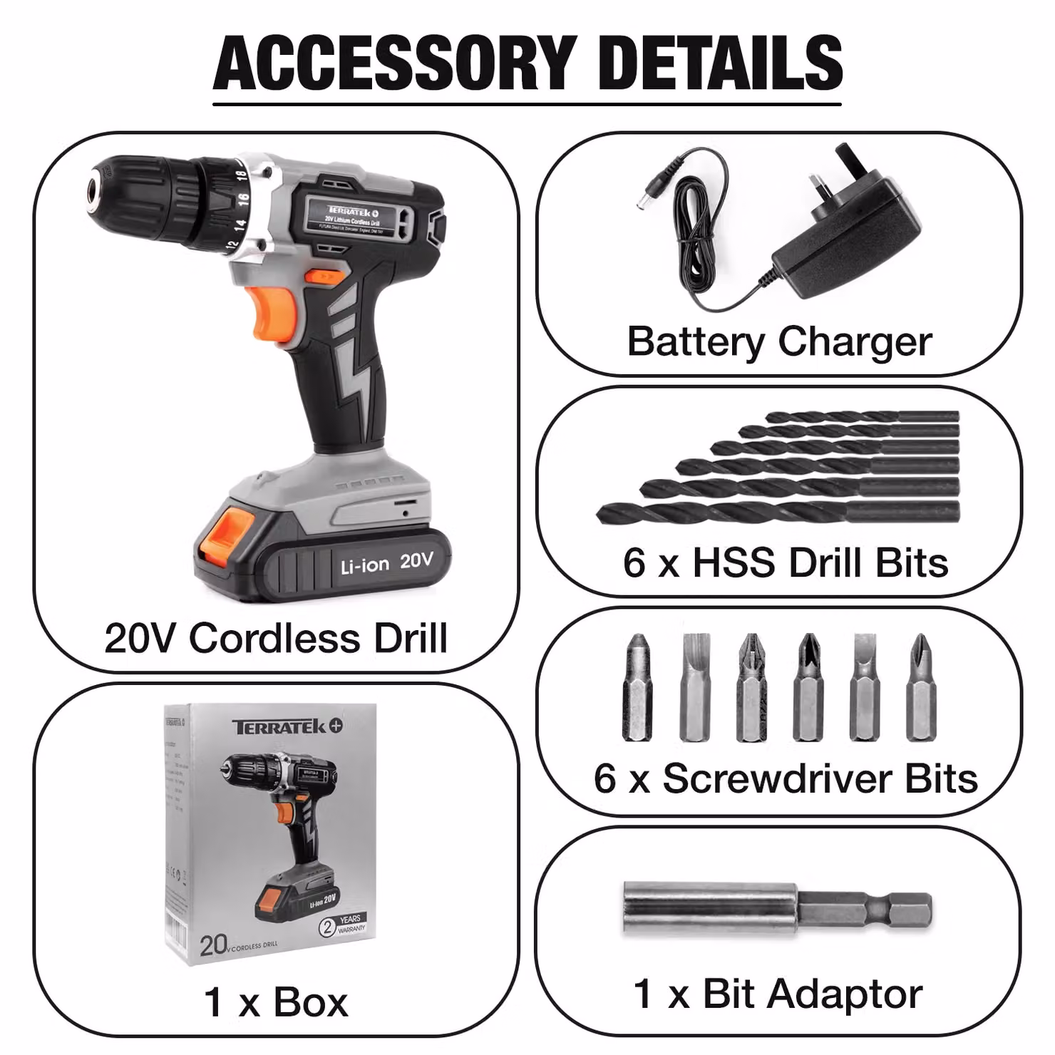 Terratek 20V Cordless Drill and Drill Bit Set with Rechargeable Battery and Charger, Orange – 3
