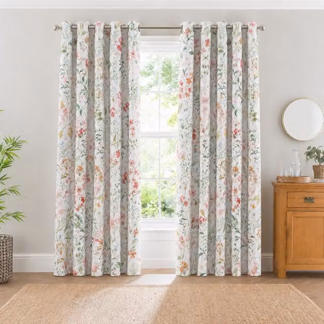 Florelle Watercolour Floral Printed Unlined Eyelet Curtains, Multicolour, Height: 228 cm