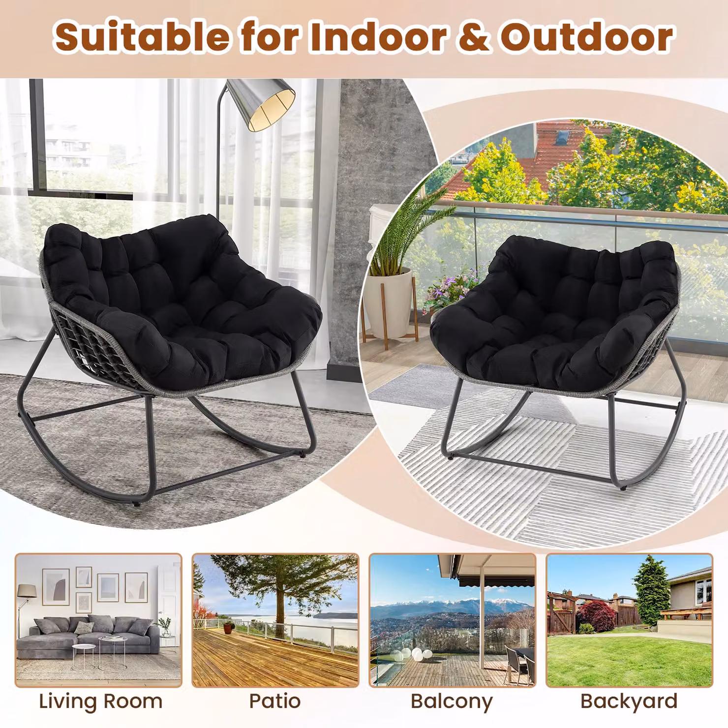 Gymax Oversized Outdoor Rocking Egg Chair with PE Wicker and Cushion in Black – 4