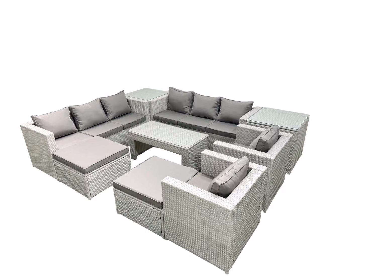 Fimous Rattan Garden Furniture Set in Light Grey with U-Shape Sofa, 2 Armchairs, Oblong Coffee Table, 2 Ottomans and 2 Side Tables – 2