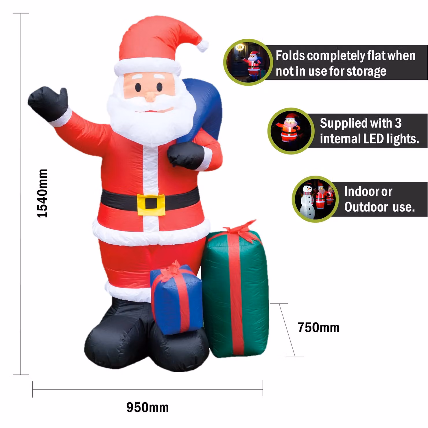 Pegdev Festive Santa Inflatable Father Christmas with LED Lights, Sack and Presents, Red, Height: 150 cm – 2