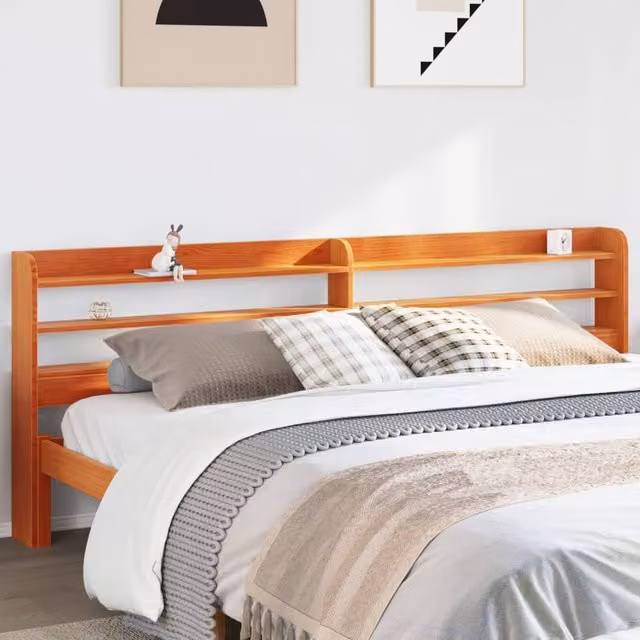 Berkfield Home Wax Brown Solid Wood Pine Headboard with Shelves, Width: 200 cm