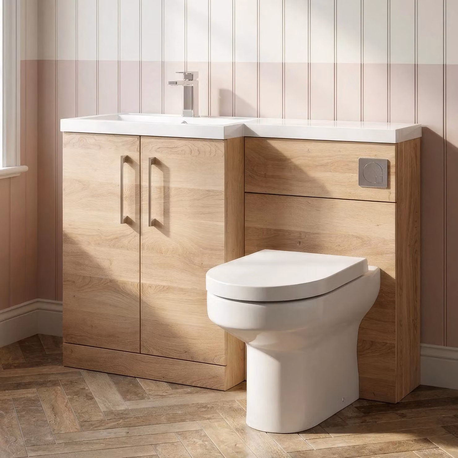 Balterley Modern Floor Standing Bathroom Vanity, WC Unit, Pan, Seat and Cistern Set in Bleached Oak Brown – 3