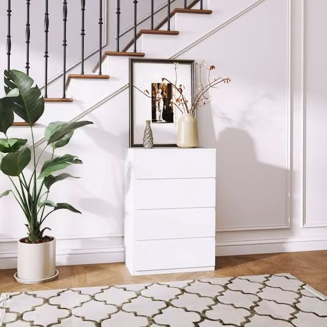 STILVORA Minimalist White Matt Chest of Drawers with Wood and Metal Storage