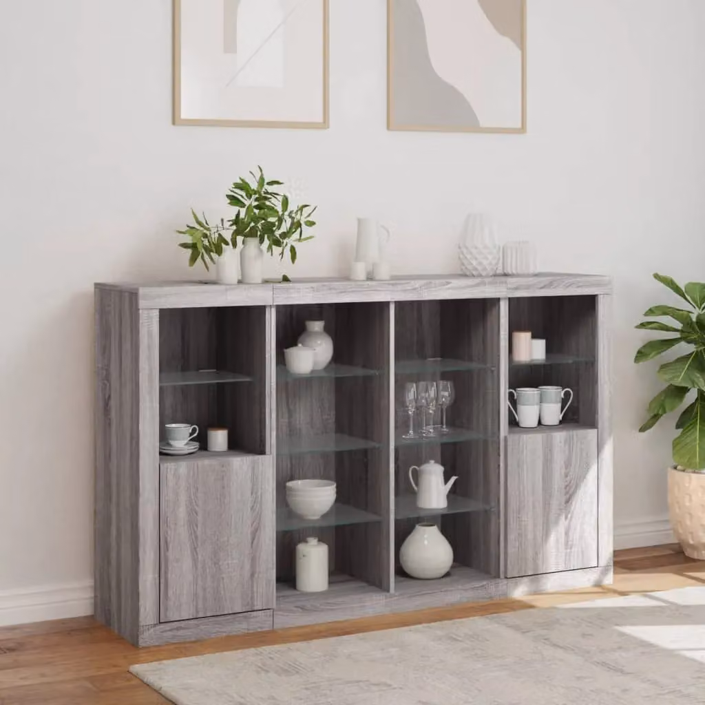 Berkfield Home Set of 3 Modern Grey Sonoma Sideboards with Integrated LED Lighting – 3