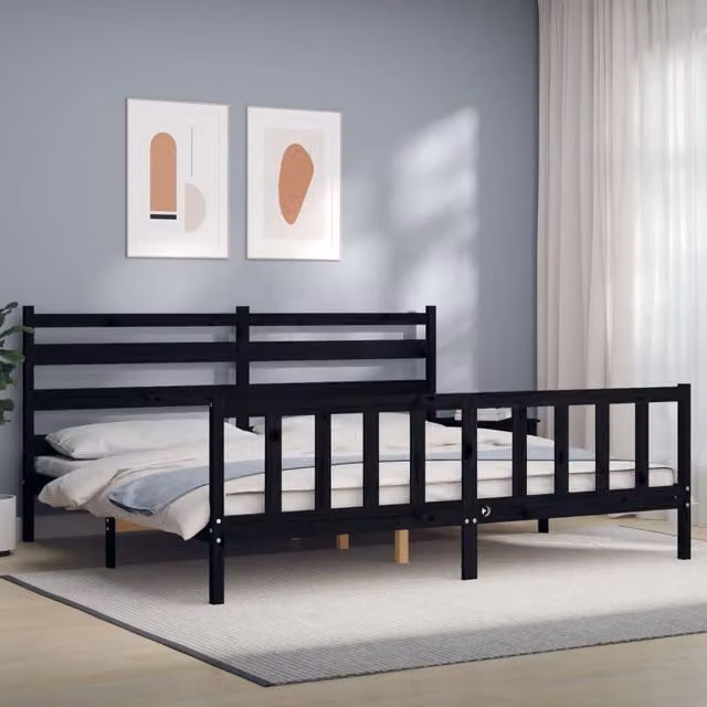 Berkfield Home Solid Wood Pine Bed Frame with Headboard in Black, 200 x 200 cm