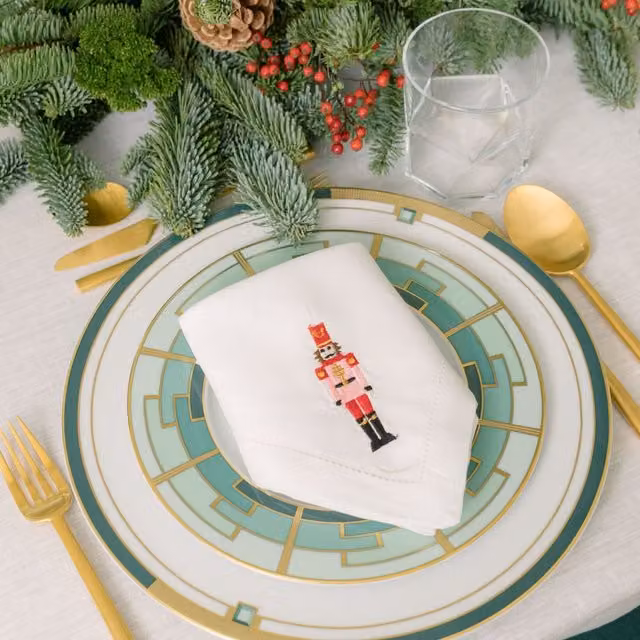 Mafra White Linen Christmas Napkins and Placemats with Embroidered Nutcrackers