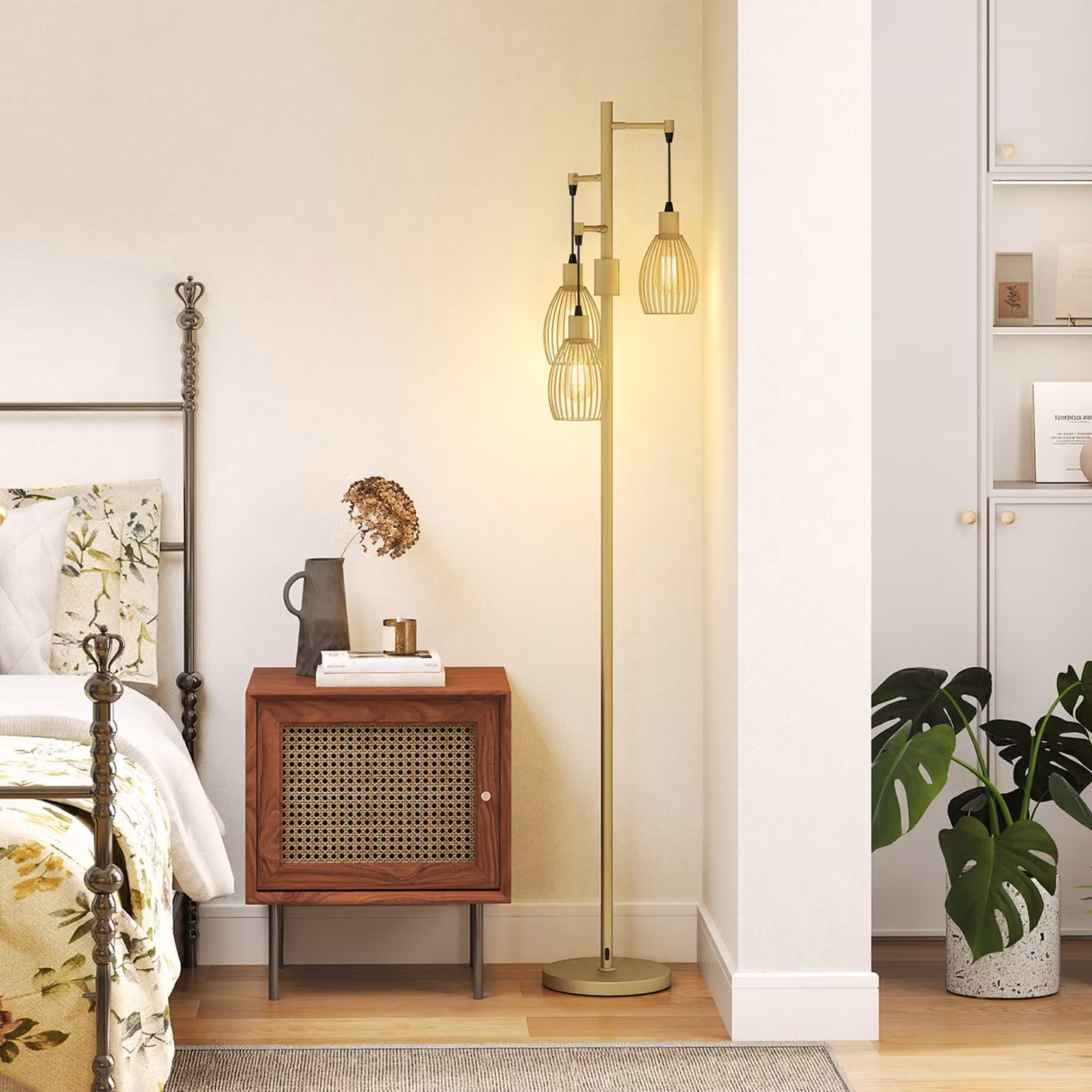 HOMCOM Industrial Dimmable 3-Light Floor Lamp with Steel Wire Cage Lampshades, Gold/Brass, Height: 170.5 cm – 6