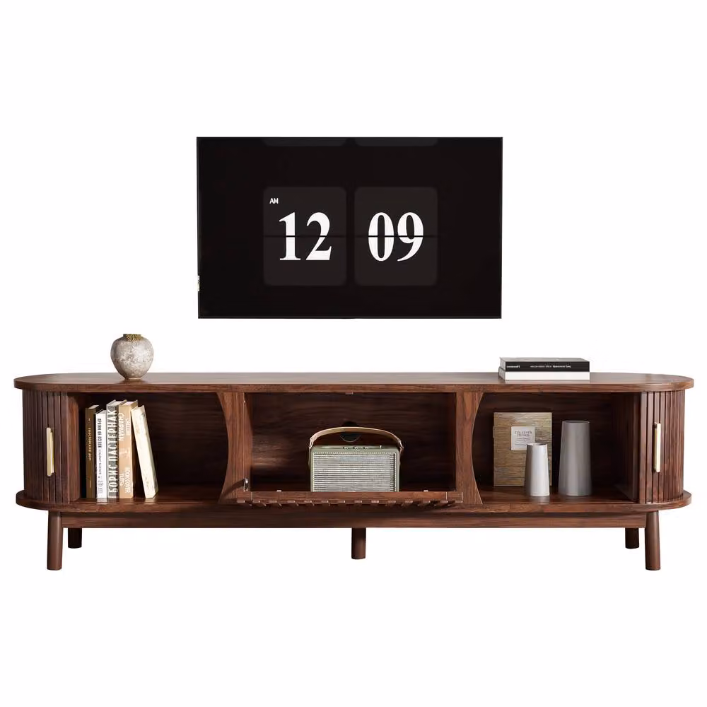 BTM Oval TV Stand with Sliding and Pull-Down Doors in Brown Glossy Finish, W/D/H: 165 x 46 x 46 cm – 6