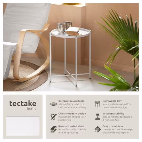 tectake Round Minimalist Side Table in White with Height-Adjustable Feet, W/D/H: 45.5 x 45.5 x 53 cm – 3