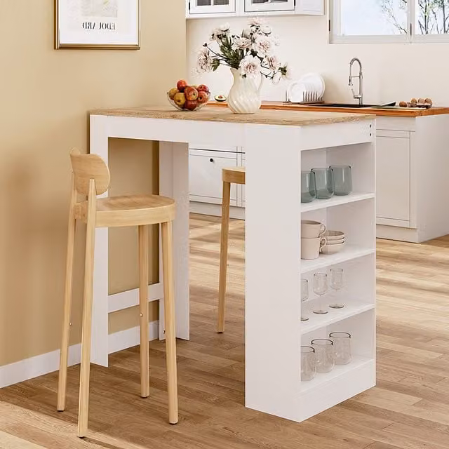 Komore Modern Rectangular Bar Table with Shelves in Wood and White