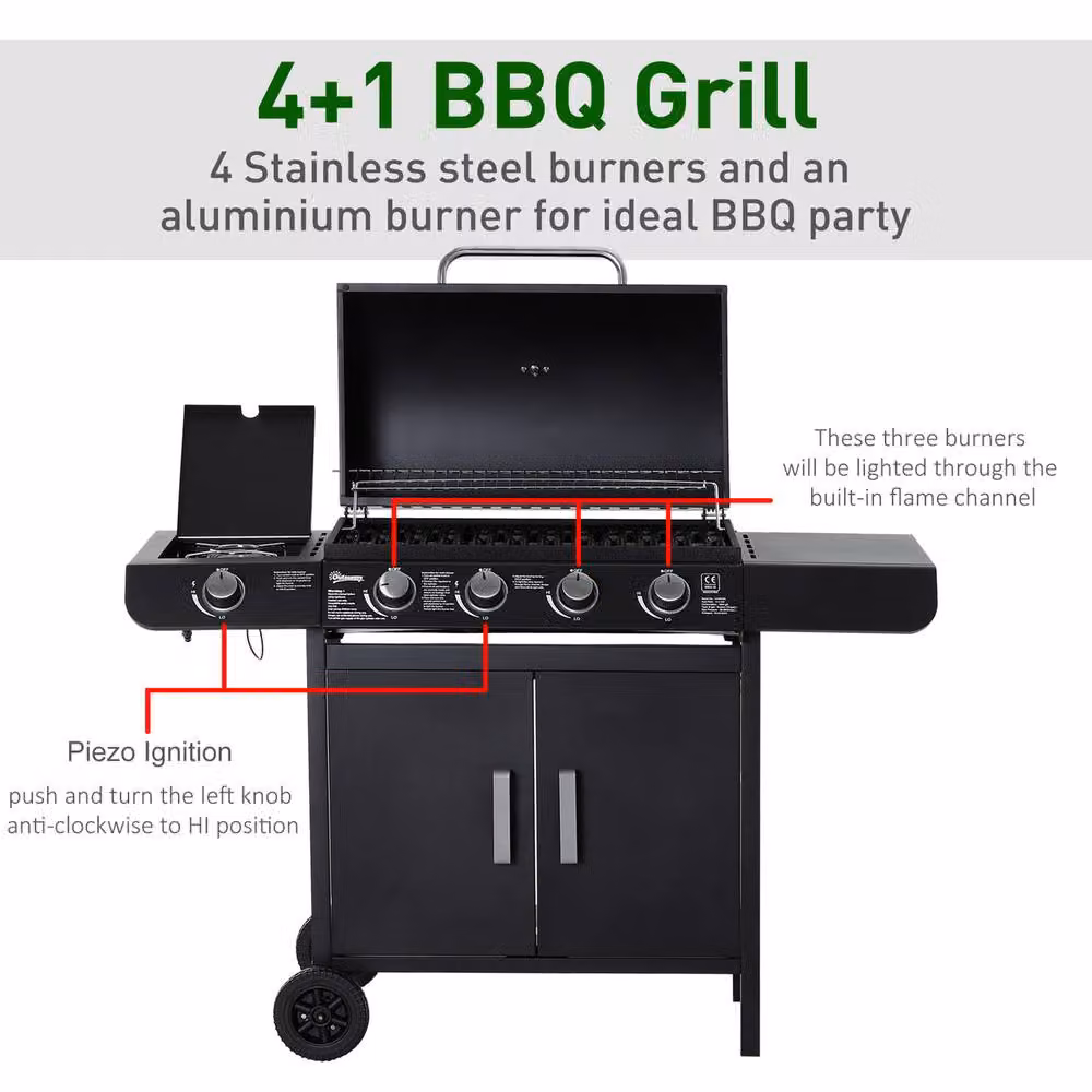 OUTSUNNY Gas BBQ Grill with 4 + 1 Stainless Steel Burners and Side Burner in Black – 3