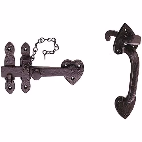 Loops Ornate Thumb Latch Door Handle Set for Outdoor Gates in Black Antique Finish