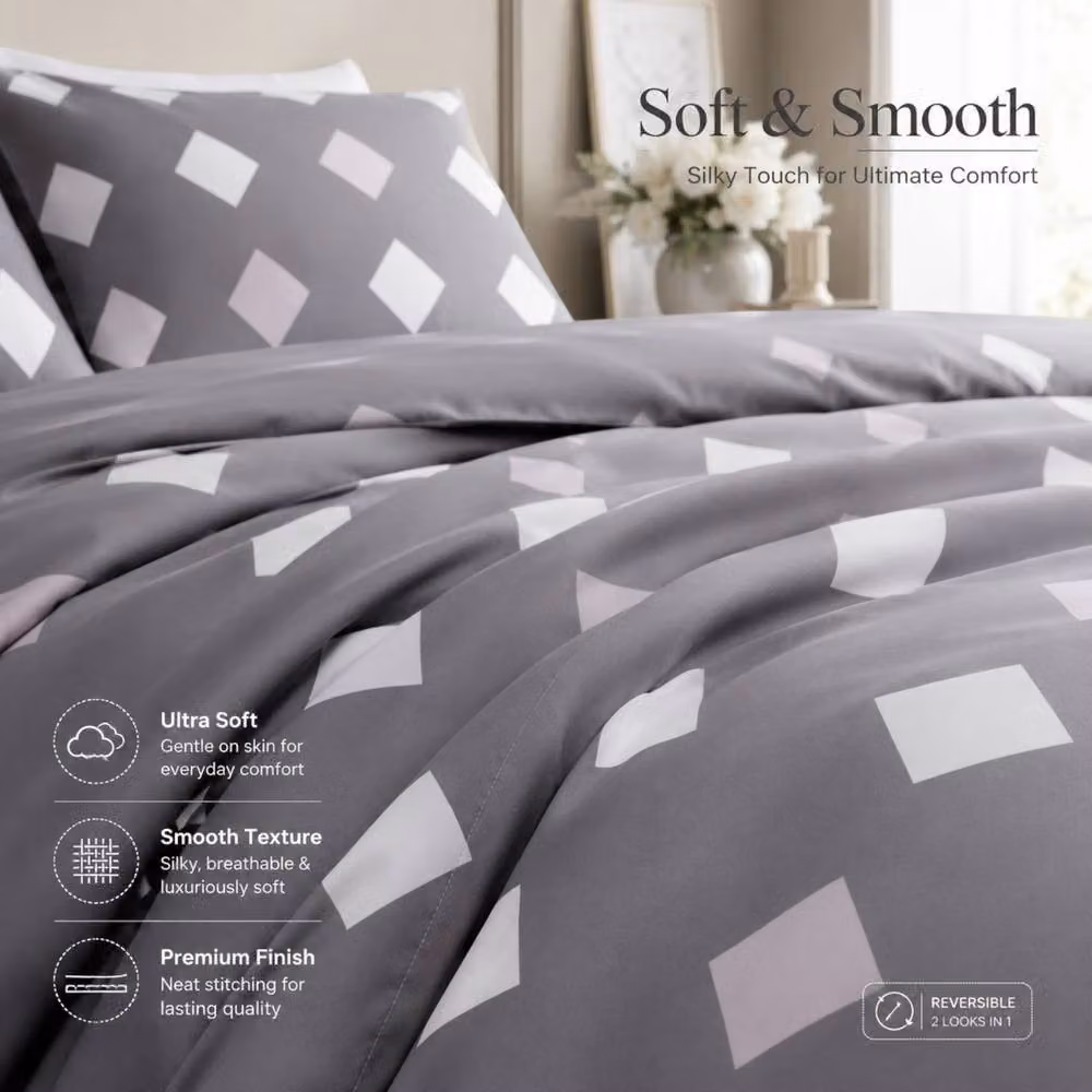 Pamposh Luxury Microfibre Duvet Cover and Pillowcase Set in Grey and White, Single Size – 2