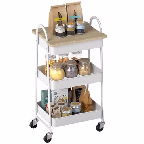 HOMCOM 3-Tier Freestanding Storage Trolley with Covered Top Board in White and Oak, W: 45.0 cm, D: 32.0 cm, H: 77.5 cm