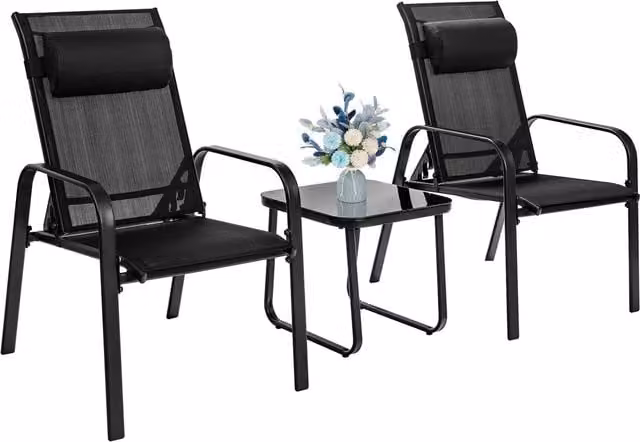 Costway 3-Piece Modern Black Patio Bistro Furniture Set with Powder Coated Steel and Glass Table