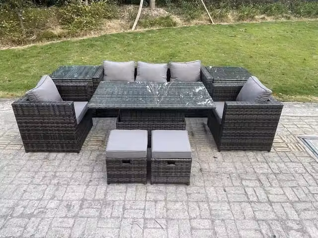 Fimous Rattan Garden Furniture Set with Adjustable Rising Dining Table, Sofa, Chairs, 2 Side Coffee Tables and 2 Stools in Dark Grey
