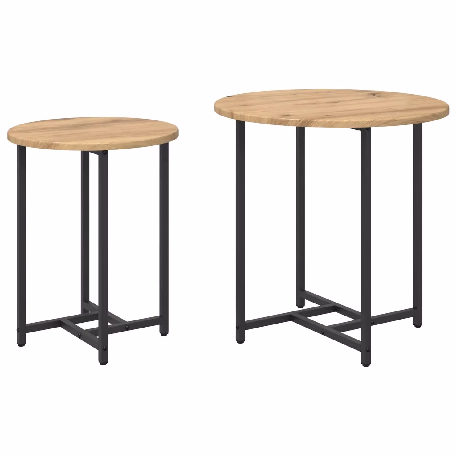 Berkfield Home Set of 2 Round Nesting Side Tables in Brown Oak Wood and Metal – 2