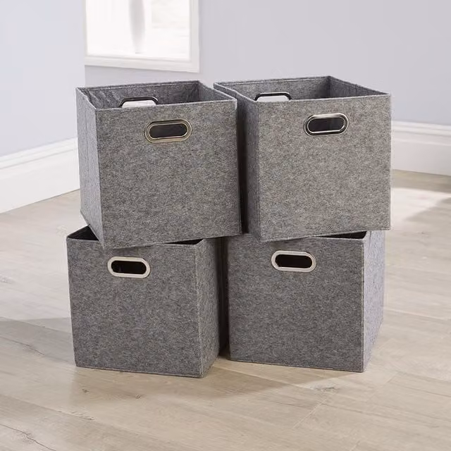 Home Source Pack of Four Grey Canvas Fabric Foldable Storage Insert Boxes with Handles W: 33 cm, H: 37 cm