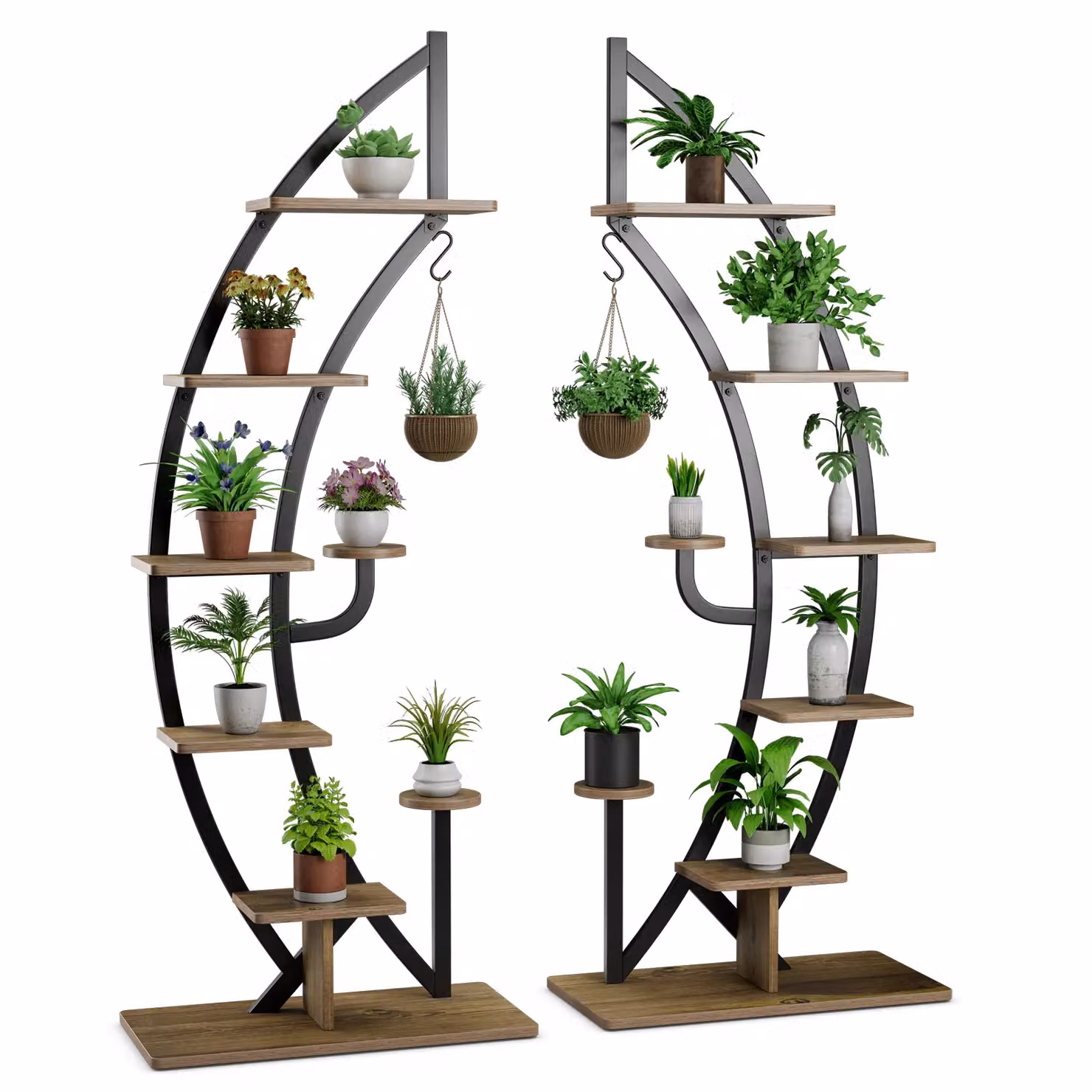 Costway Set of 2 Tall Wooden 8-Tier Plant Stand Racks in Natural Brown with Curved Half Moon Ladder Shelf Design – 5