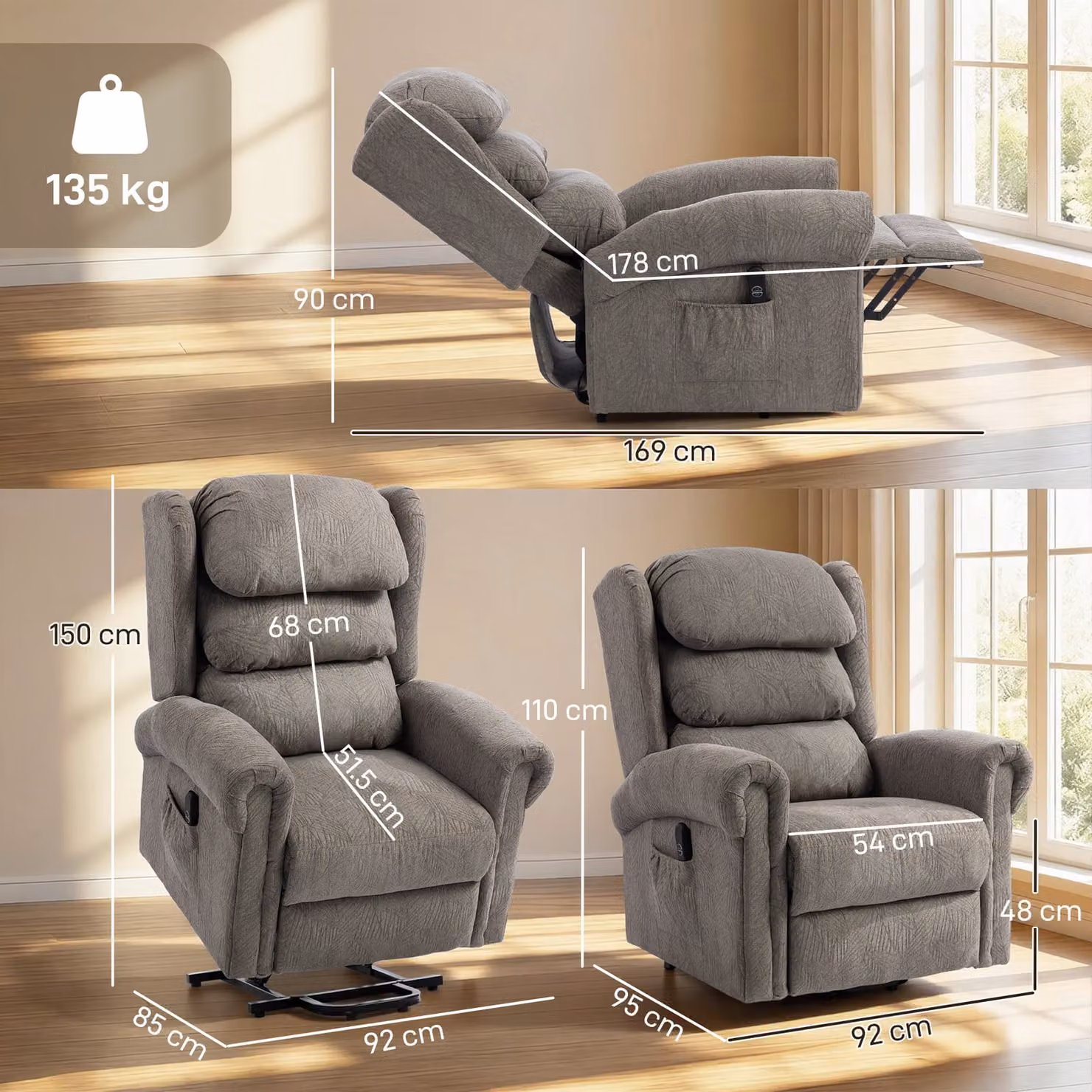 HOMCOM Velvet-Feel Electric Power Lift Recliner Chair for Seniors in Dark Grey – 3