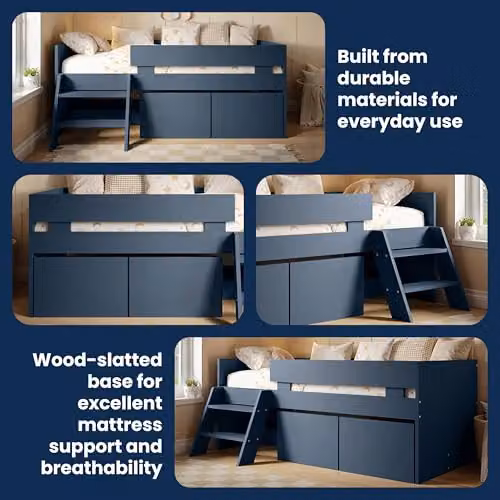 Flair Furnishings Logan Kids Single Low Sleeper Bed with Storage Drawers, Blue – 3