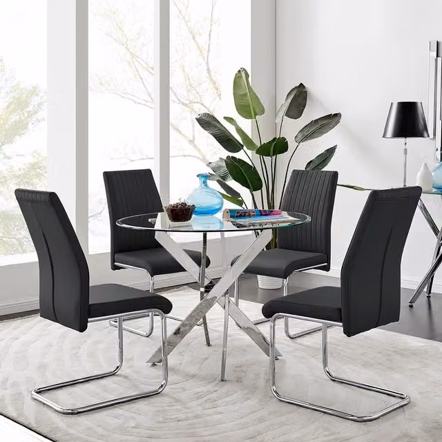 FurnitureboxUK Novara Round Clear Tempered Glass Dining Table with 4 Black Lorenzo Chairs, Diameter: 100 cm