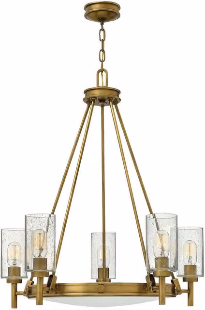 Loops 5 Bulb Chandelier Hanging Pendant Light in Heritage Brass with Transparent Glass Shades and E27 LED Compatible Bulbs