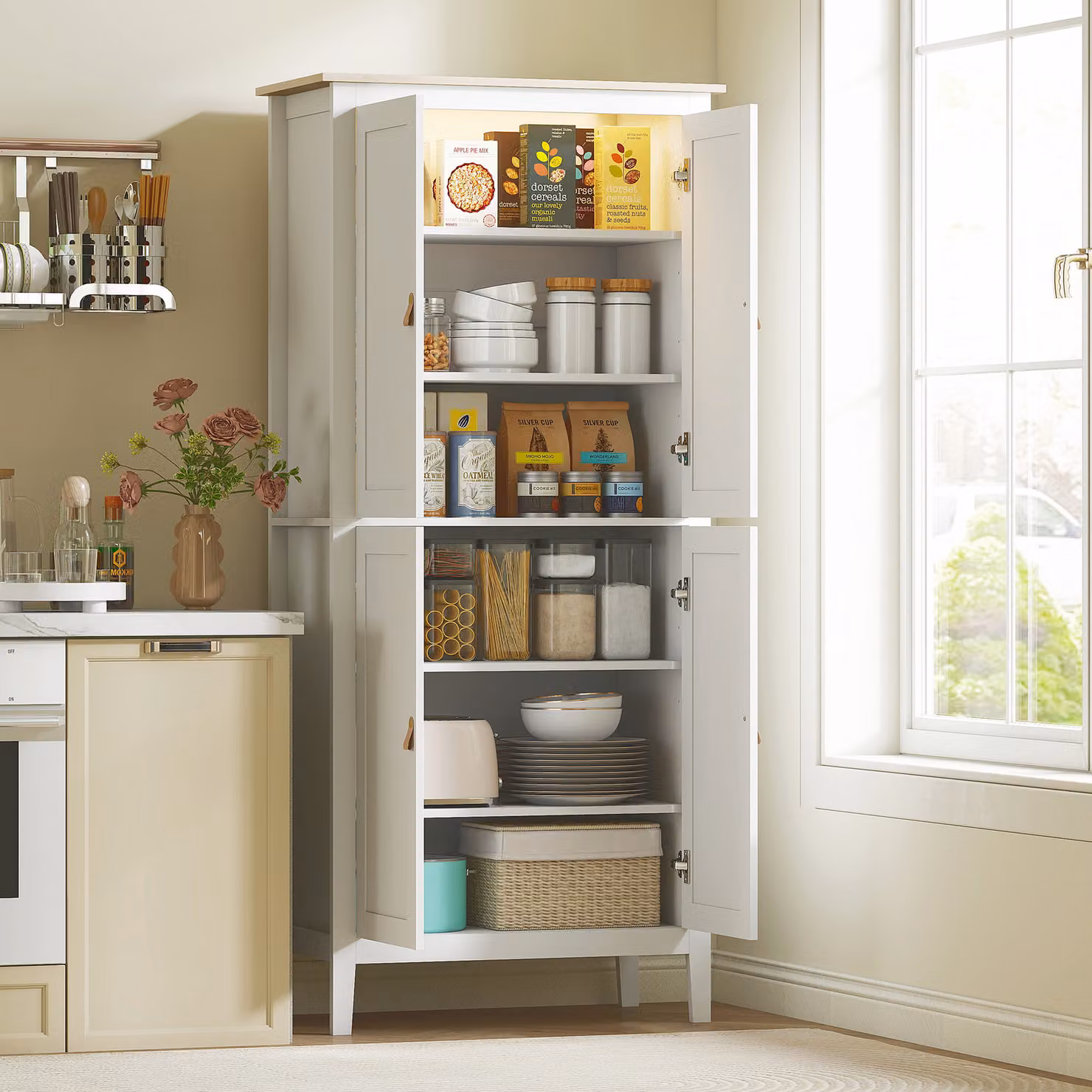 HOMCOM White Tall Pantry Cupboard with Motion Sensor LED Lighting and Internal Shelves, Height: 176.5 cm – 2