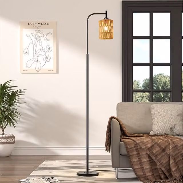 Lifeideas Minimalist Metal Floor Lamp with Rattan Cylinder Lampshade in Black and Brown
