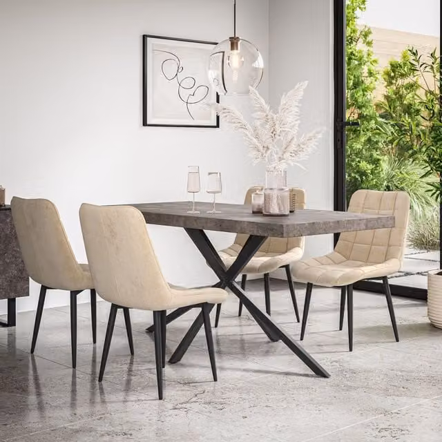 More4Homes Donni Dining Table and 6 Nova Velvet Chairs Set, Concrete Effect Top with Black Legs and Beige Chairs – 1