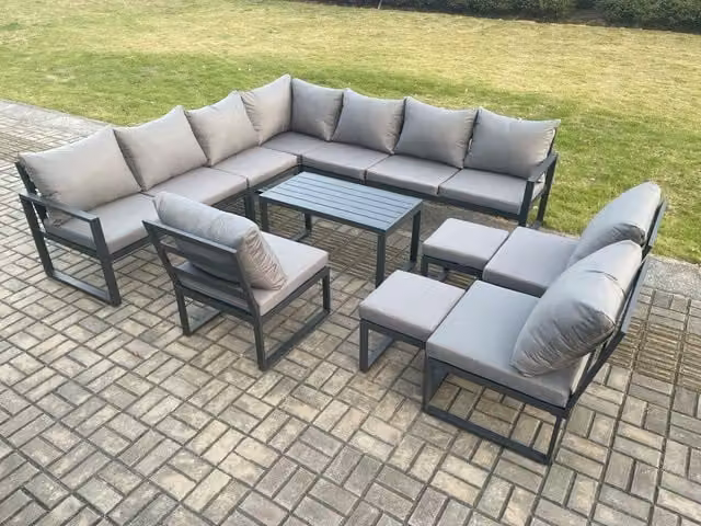 Fimous Aluminium Outdoor Garden Furniture Set in Dark Grey with L-Shape Sofa, Oblong Coffee Table and Two Footstools