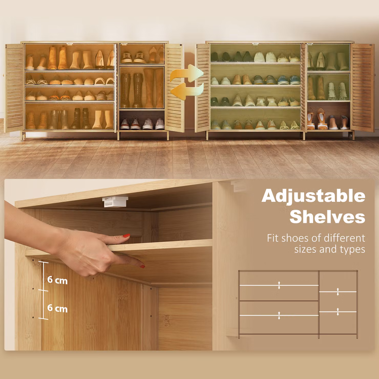 HOMCOM Bamboo Shoe Cabinet in Beige with Louvered Hinged Doors and Adjustable Shelves for 18 Pairs of Shoes, W/D/H: 120 x 40 x 80 cm – 3