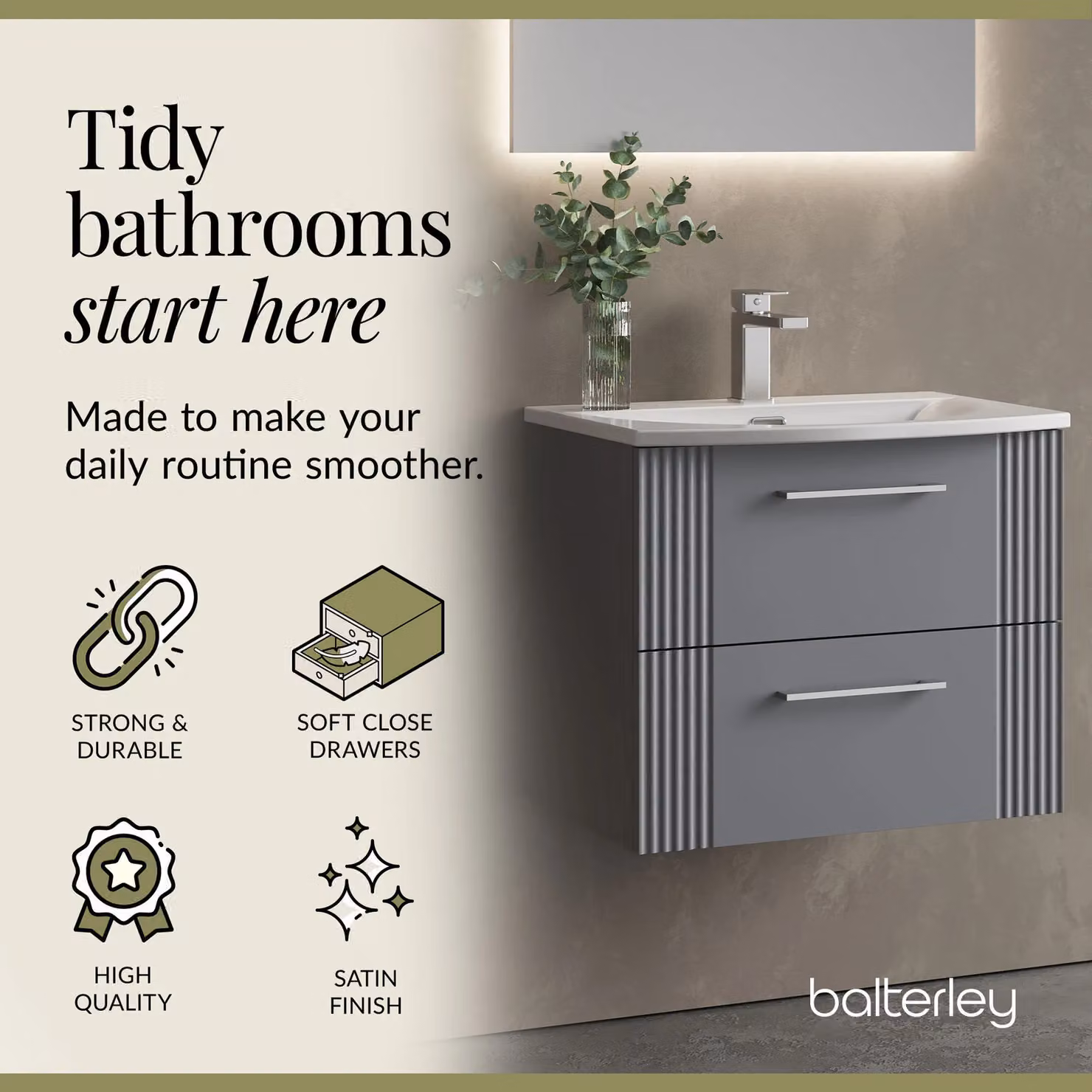 Balterley Wall Hung 2 Drawer Vanity Unit with Curved Basin, Satin Grey, Width: 120 cm – 2