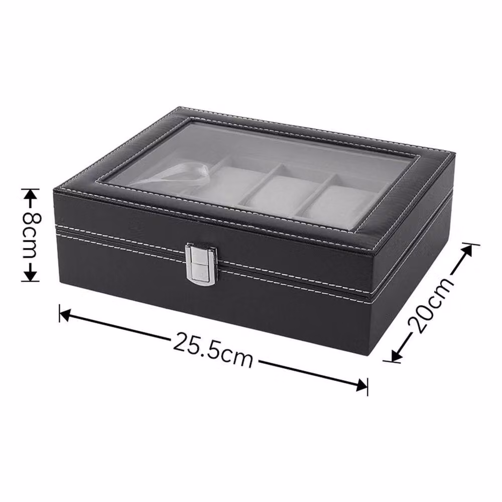 KORVIXA Lockable 10-Grid Watch Display Case in Black Faux Leather with Glass Lid – 2