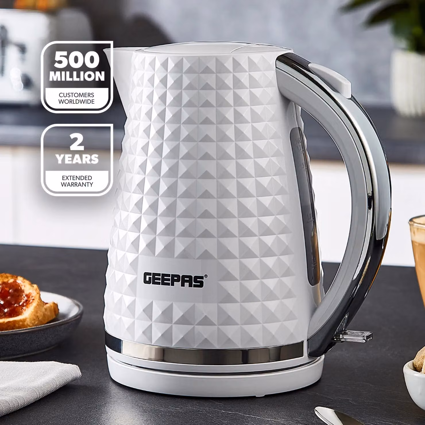 Geepas Argyle 1.7 l Cordless Jug Kettle in White with Auto Shut Off and 2200W Power – 2