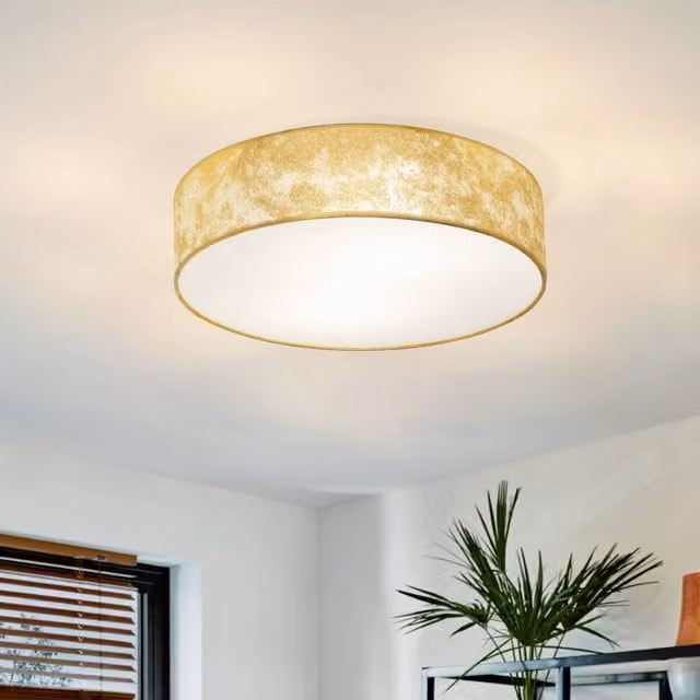 Eglo Viserbella Cylinder Ceiling Light in Gold and Yellow with Fabric Shade