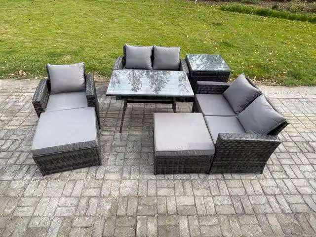 Fimous Grey PE Rattan Garden Dining Set with Rectangular Table, Double Sofa, Side Table and 2 Footstools